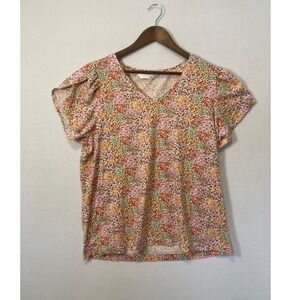 Lauren‎ Conrad Women XL Floral V Neck Short Sleeve Flutter Top Shirt